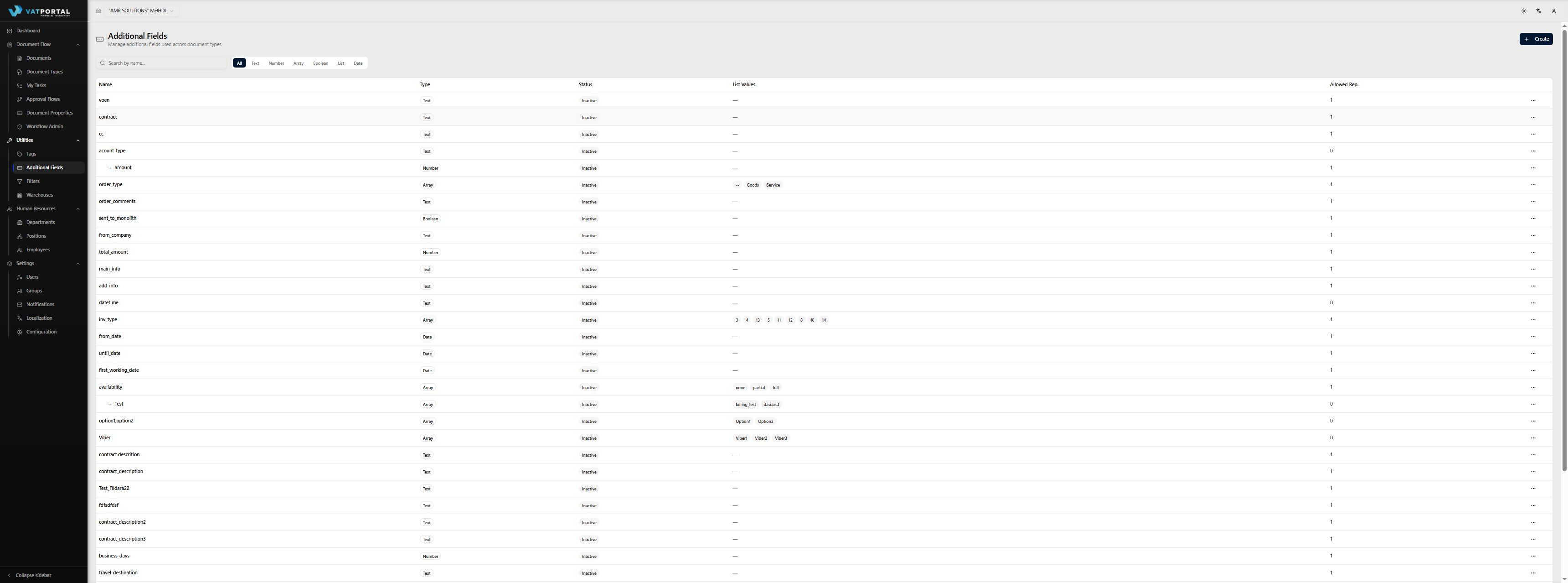 The Additional Fields list page showing a tree view — at least 5 rows, including one parent field (e.g., "Line Item") with 2–3 indented children beneath it (e.g., "Description", "Quantity", "Unit Price") visually indented with a corner-down-right icon. Include the search box, the type filter tabs (All / str / num / arr / bit / list / date) with one active, and the Create button top-right. Use realistic field names a finance or HR team would have.
