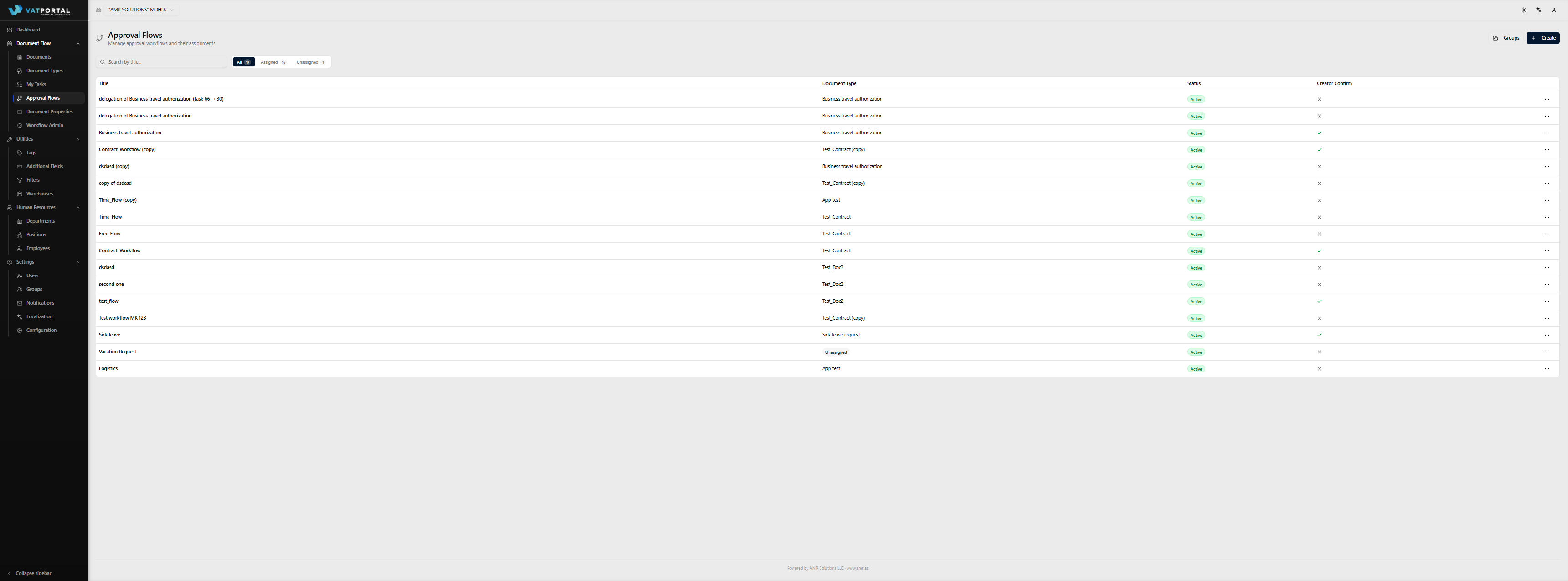 The Approval Flows list page with the filter tabs at the top (All / Assigned / Unassigned) and 5–6 workflow rows showing a mix of assigned (with a document type badge) and unassigned entries. The Create and Workflow Groups buttons should be visible in the top-right. Use realistic workflow titles like "Vacation Request Approval", "High-value Purchase Approval", "Contract Review".