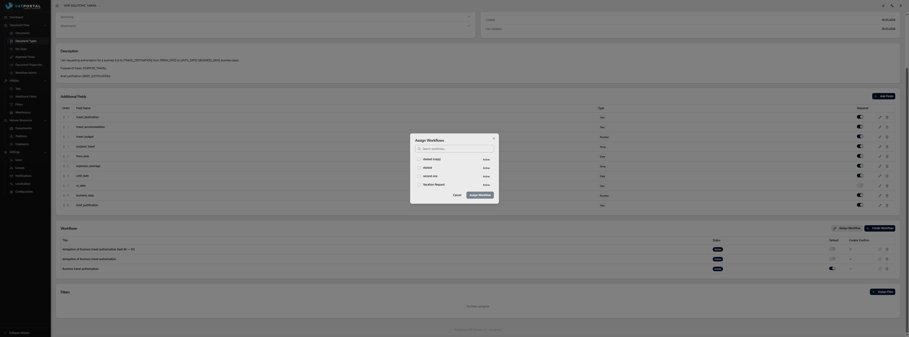 The Assign Workflow dialog open on top of a document type detail page. Show a search box at the top, then a list of 4–5 unassigned workflow names each with a checkbox — two or three of them checked to illustrate multi-select. The footer should show a selected-count badge and a Confirm / Assign button. Use realistic workflow names like "Purchase Request Workflow", "CEO Override Workflow", "Standard Approval".