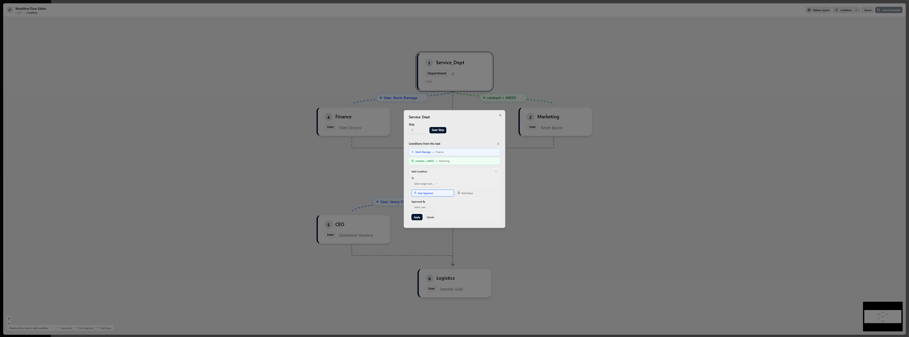 The Condition Form dialog with Field mode selected. Show the source→target visualization at the top (two badges with an arrow between them — e.g., "Manager Approval → CEO Sign-off"), the User | Field type toggle with Field active, and the filled-in form: a Field dropdown with something realistic selected (e.g., "Amount"), and a Value input with a realistic value (e.g., "10000"). The Save button should be visible at the bottom.