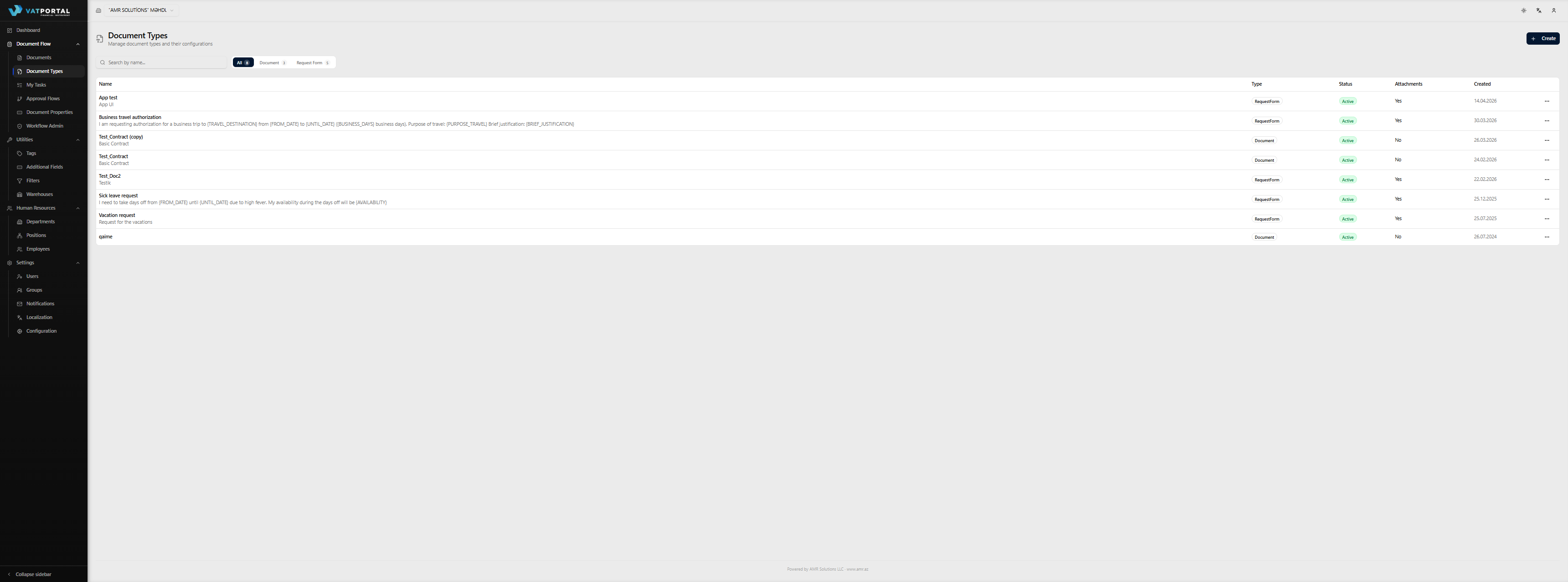 The Document Types list page as an admin would see it: search box on the top-left, the three filter tabs (All / Document / Request Form) with their count badges, the Create button top-right, and 4–5 representative rows in the table — mix at least one Document type and a few Request Form types (e.g., "Vacation Request", "Business Travel", "Supplier Invoice"). The three-dot menu should be visible on one row.