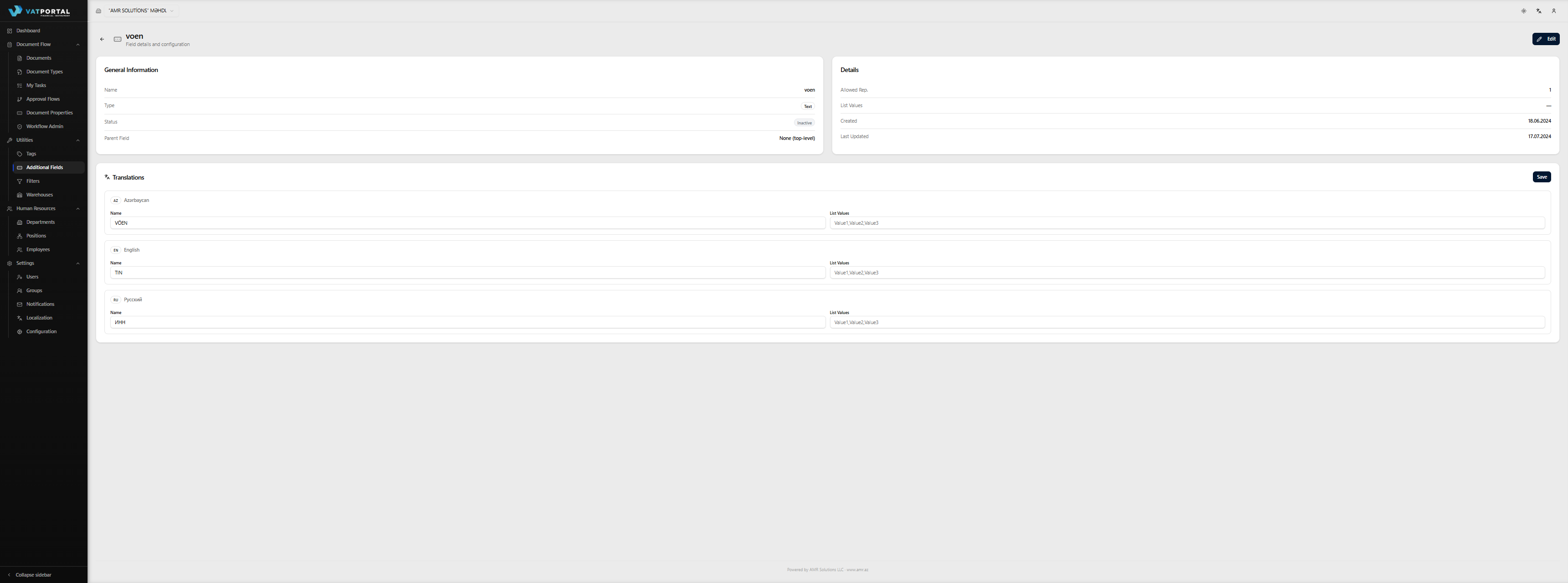 The Translations card on an Additional Field detail page. Show the three language blocks (AZ / EN / RU), each with Name and List Def inputs filled in with realistic translations — e.g., AZ: "Məbləğ" with listDef "Az, Orta, Yüksək"; EN: "Amount" with "Low, Medium, High"; RU: "Сумма" with "Низкий, Средний, Высокий". The Save button should be visible in the card header.