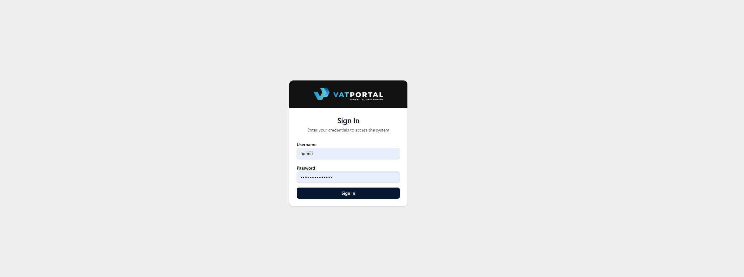 The full Sign In page with the centered card visible. Empty fields are fine (don't prefill with anything that looks like real credentials). Capture at a size where the theme toggle and language switcher in the top-right corner are clearly visible. Use light theme for this shot — it's the default a first-time user will see.