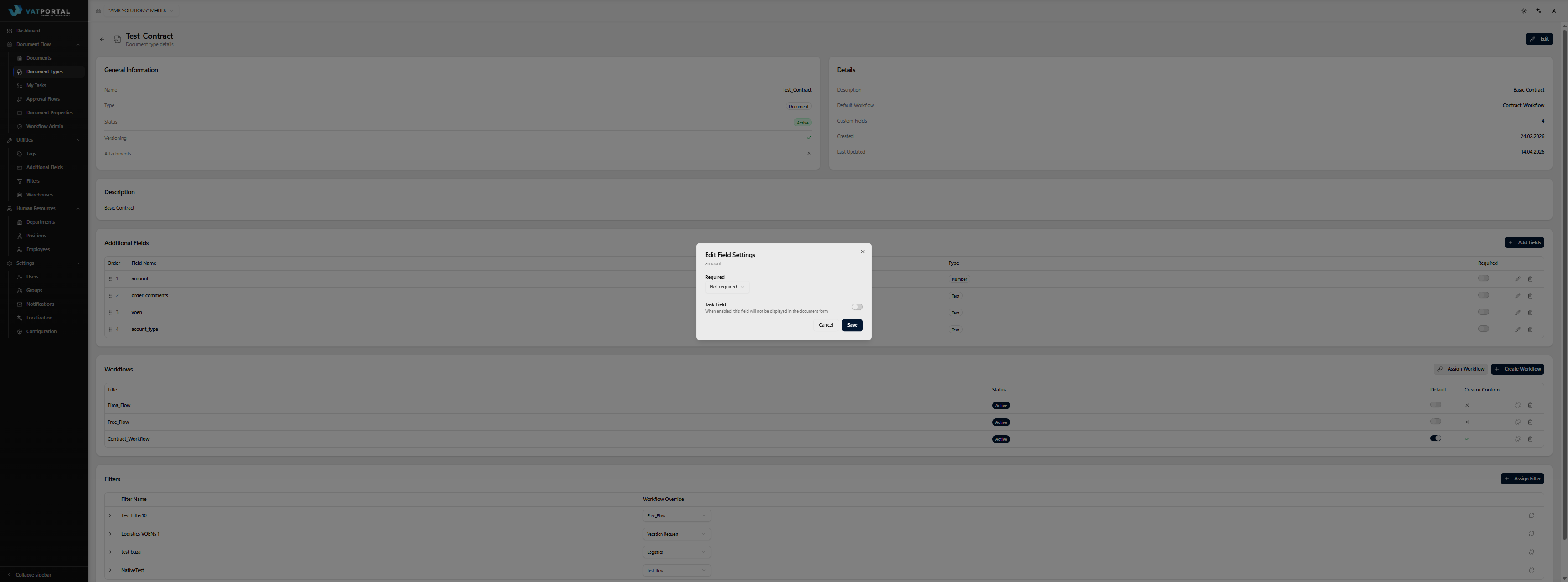 The Task Fields dialog open, labeled with the task's name at the top (e.g., "Fields — Manager Approval"). Below, a table with at least 2–3 attached fields. Each row should show the field name, its type badge (e.g., number, text, dropdown), a Required switch (one on, one off for variety), and a delete icon. The Add button should be visible in the header area.