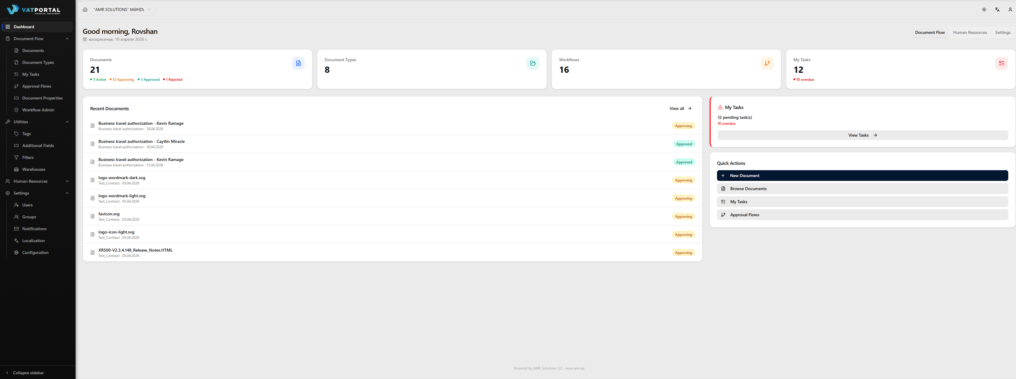 A clean "hero" screenshot of the VAT Portal Dashboard at desktop width (~1440px), sidebar expanded, in light theme. This is the reader's first visual impression of the product, so pick a moment that looks healthy and active: a populated stats row, a couple of recent documents, and ideally at least one task in the My Tasks callout. No admin-only UI elements; use a regular user account.