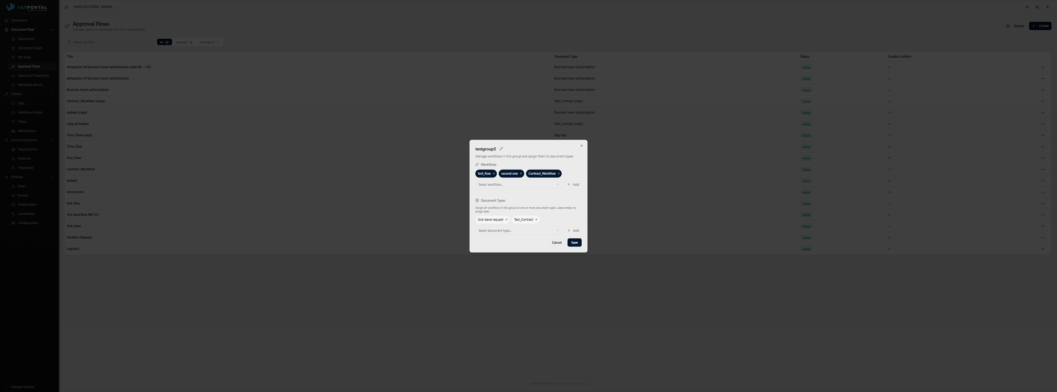 The Workflow Groups list dialog open, showing 3–4 realistic groups — e.g., "Purchase Approvals" (3 workflows), "HR Approvals" (2 workflows), and one "empty group" badge to illustrate a freshly-created group with no members yet. Each row should show the delete icon and chevron for drill-in. The Create button at the bottom should be visible.