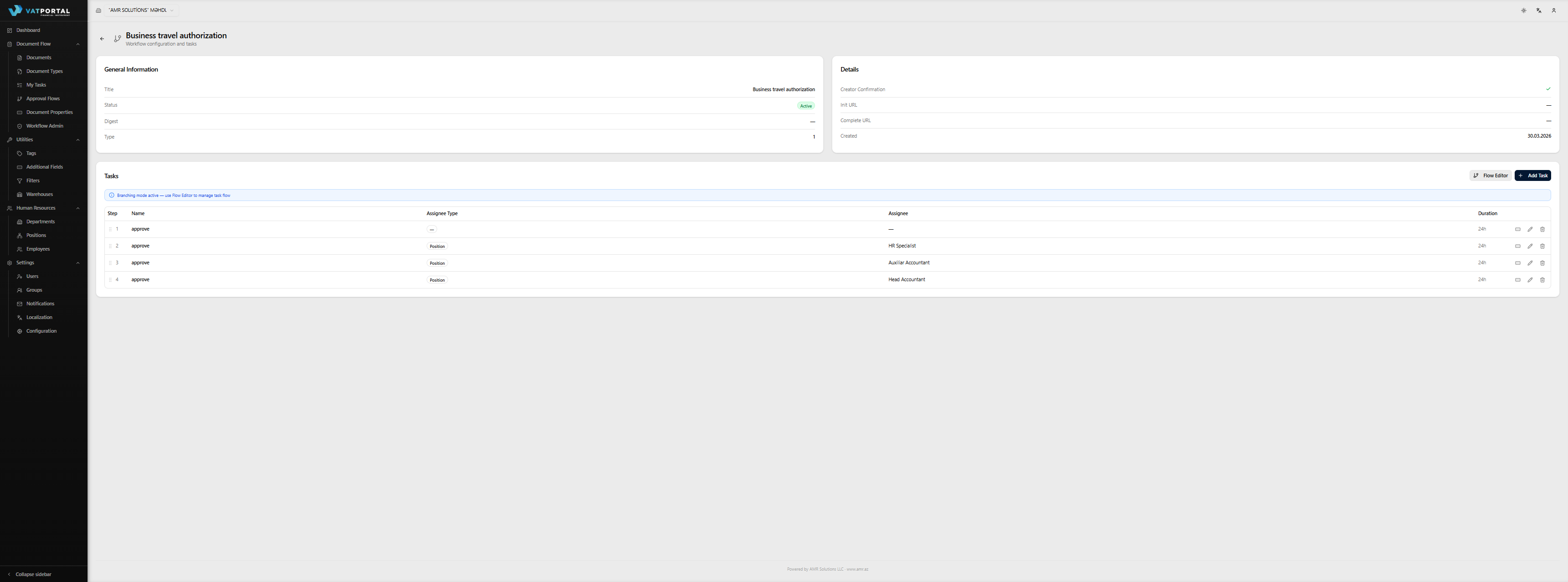 The Tasks card on a workflow detail page, showing 3–4 tasks in order with their step numbers (1, 2, 3…), names, assignee badges, duration, and edit/delete icons. The Add Task button should be visible in the card header and the Flow Editor button (if shown) also. Use realistic task names like "Manager Approval", "Finance Review", "CEO Sign-off", "Creator Confirmation".